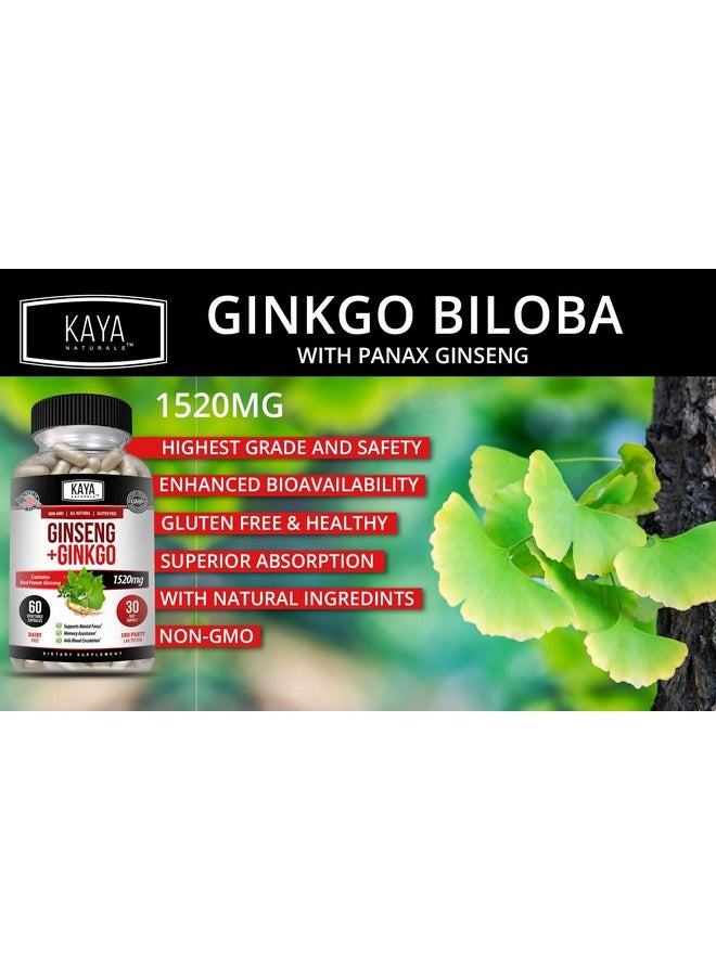 Kaya Naturals - Red Panax Ginseng + Ginkgo Biloba ; Nootropic Brain Supplement ; Cognitive And Concentration Support ; Brain Booster Focus And Memory Supplement ; 60 Capsules - Image 1