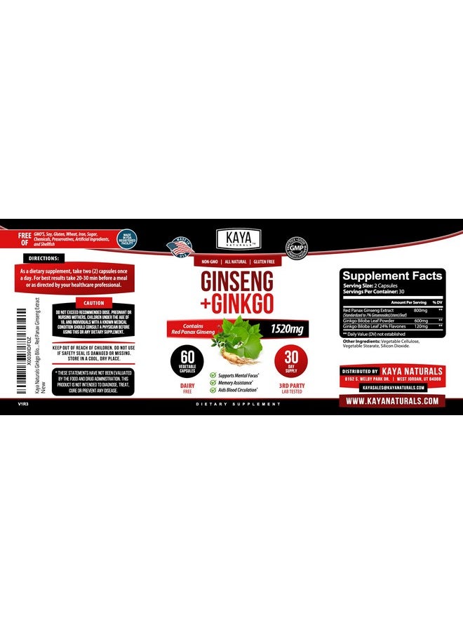 Kaya Naturals - Red Panax Ginseng + Ginkgo Biloba ; Nootropic Brain Supplement ; Cognitive And Concentration Support ; Brain Booster Focus And Memory Supplement ; 60 Capsules - Image 1