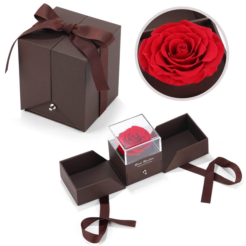Anthonic Roses Gift Preserved Real Rose with Jewelery Box Artificial Flowers Decor for Decoration Romantic Gifts for Women in Her Wife Girlfriend Birthday Anniversary Mothers Day ChristmasRed 