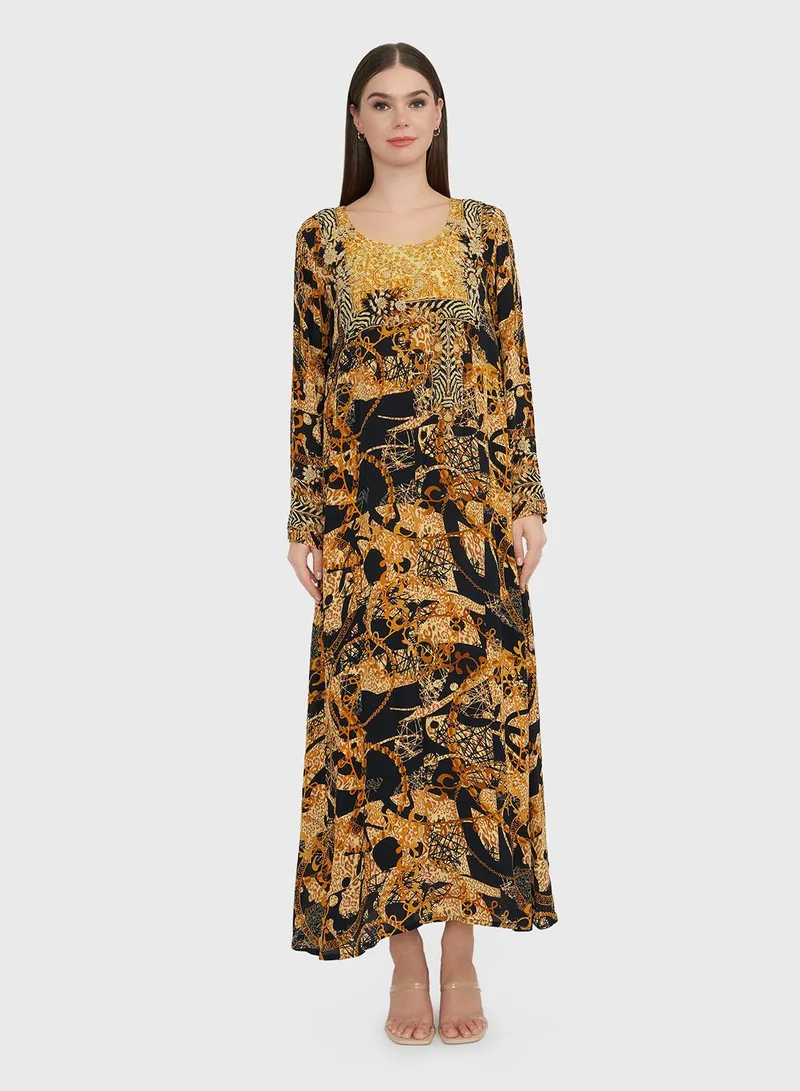 KASHKHA Golden Brown Abstract and Chain Digital Print Jalabiya (VDE301)