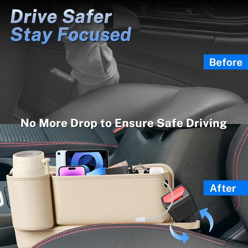 KASTWAVE Premium Car Seat Gap Filler and Organizer, Auto Console Side Storage with Cup Holder, Universal Fit for Most SUV Sedan Truck, Beige (2 Pack) - Image 5