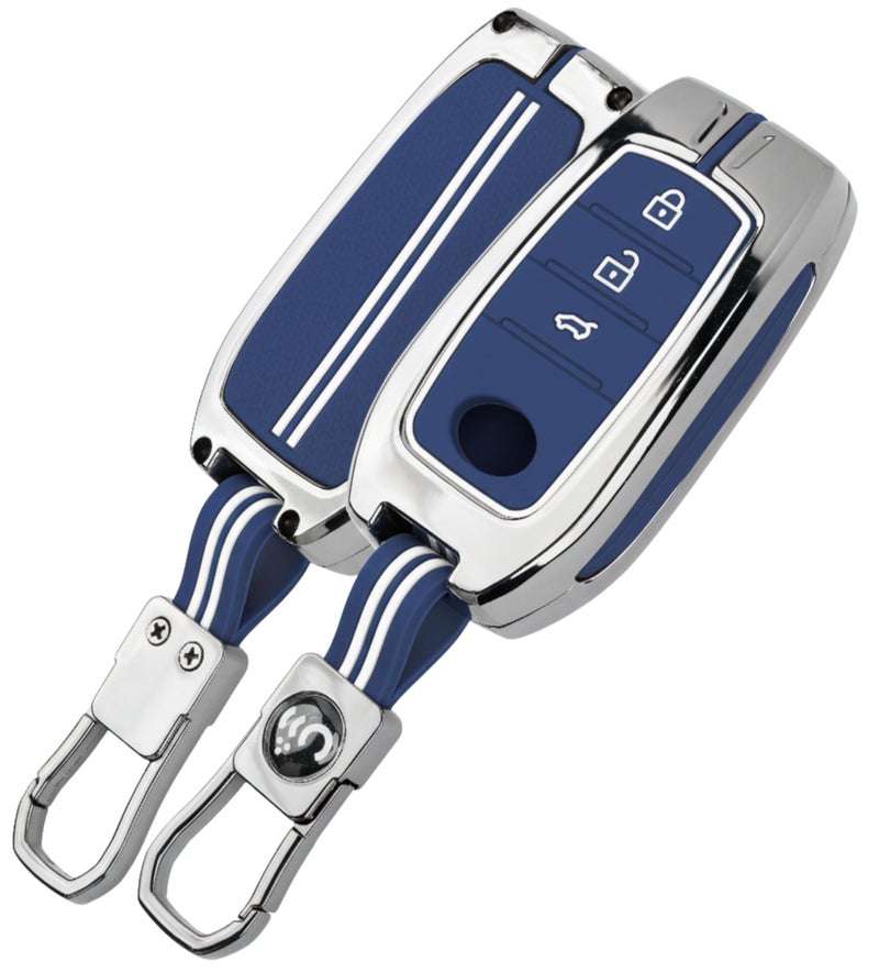SHOPOFLUX Metal Key Cover Compatible with Toyota Fortuner | Fortuner Legender | Innova Hycross | Invicto 3 Button Smart Key (Metal Blue Silicone) - Image 1