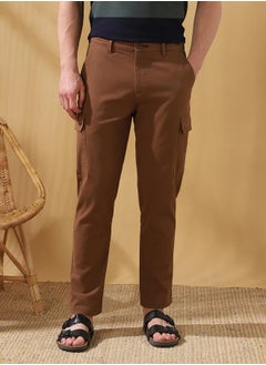 Dennis Lingo Straight Fit Solid Brown 98% Cotton 2 %Elastane Mid Rise Waist Full Length Woven Weave Cargo for Men with Button/Zip Closure -a must-have piece for fashion-forward minds.  - Image 2