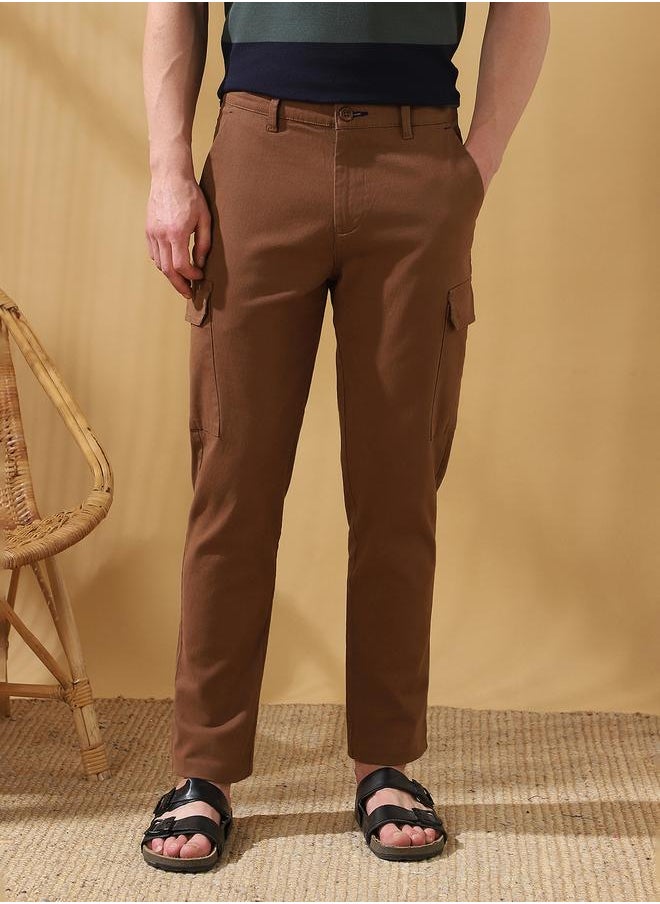 Dennis Lingo Straight Fit Solid Brown 98% Cotton 2 %Elastane Mid Rise Waist Full Length Woven Weave Cargo for Men with Button/Zip Closure -a must-have piece for fashion-forward minds.  - Image 2