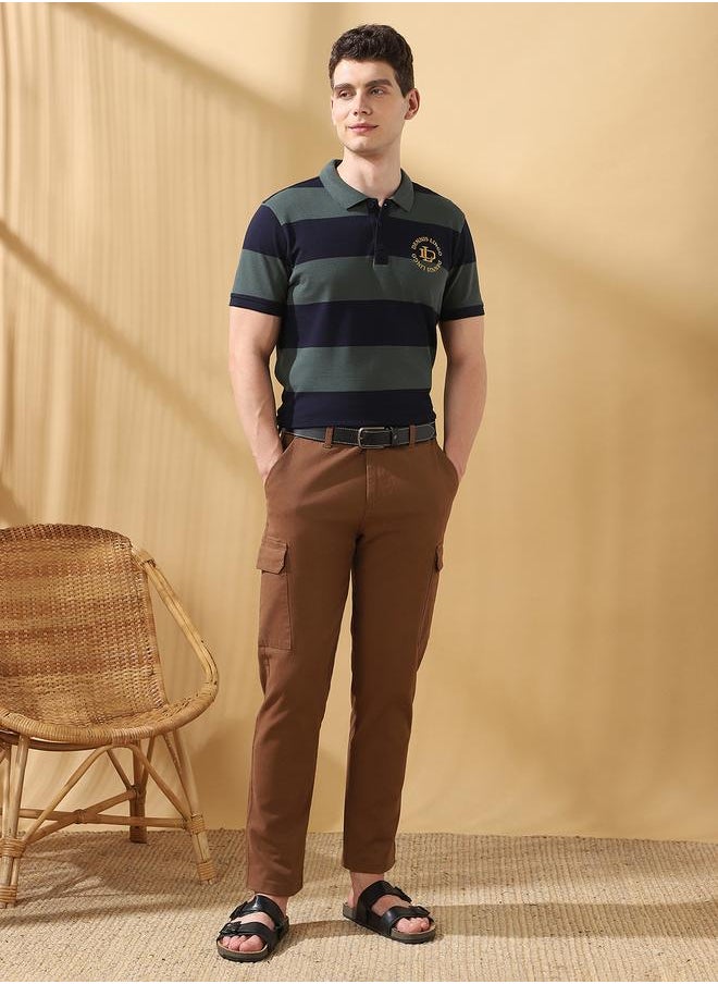 Dennis Lingo Straight Fit Solid Brown 98% Cotton 2 %Elastane Mid Rise Waist Full Length Woven Weave Cargo for Men with Button/Zip Closure -a must-have piece for fashion-forward minds.  - Image 1