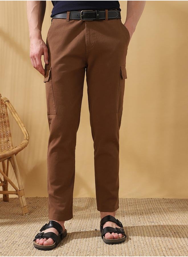 Dennis Lingo - Men's Brown 100% Cotton Solid Pattern Full Length Cargo Straight Fit Trouser - Image 1