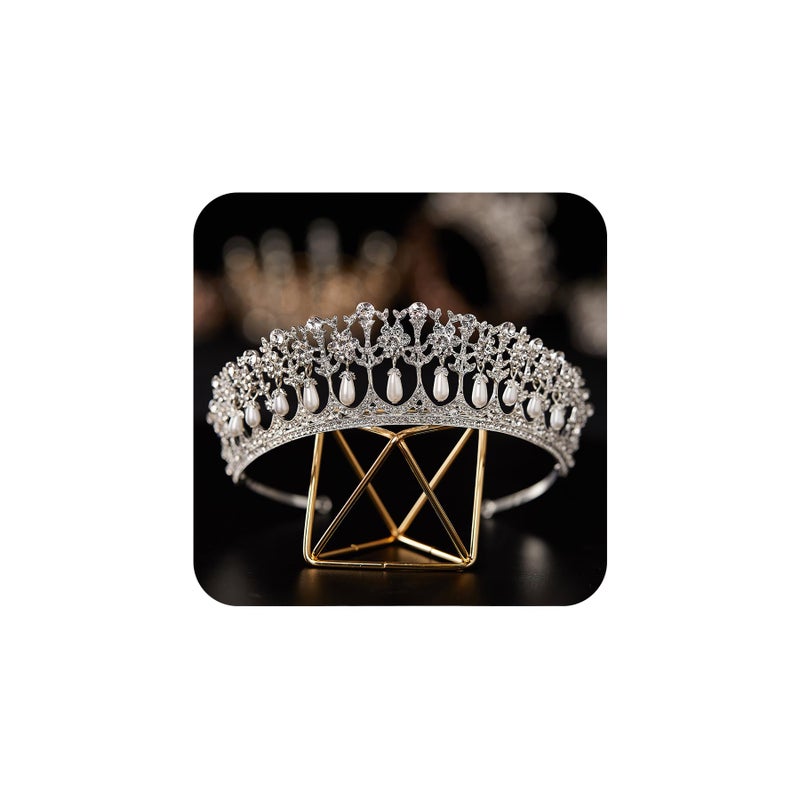 SWEETV Princess Diana Tiara for Women, Silver Pearl Wedding Crown for Bride, Rhinestone Costume Accessories for Birthday Party Prom - Image 1