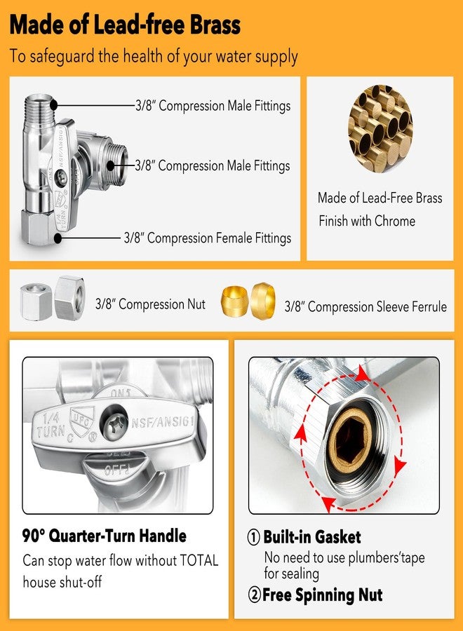 oiununo 3/8" Brass Compression Angle Stop Valve, Water Line Splitter Connector Tee for Dishwasher, Commercial Sink Faucet, and Water Supply Line - Image 4