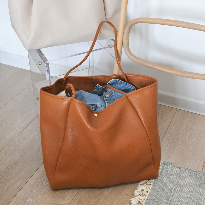 HOXIS Oversize Pu Leather Tote Women Weekender Bag Shopper Handbag Travel Purse (Orange-brown) - Image 3