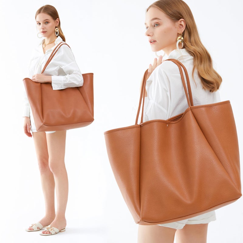 HOXIS Oversize Pu Leather Tote Women Weekender Bag Shopper Handbag Travel Purse (Orange-brown) - Image 2