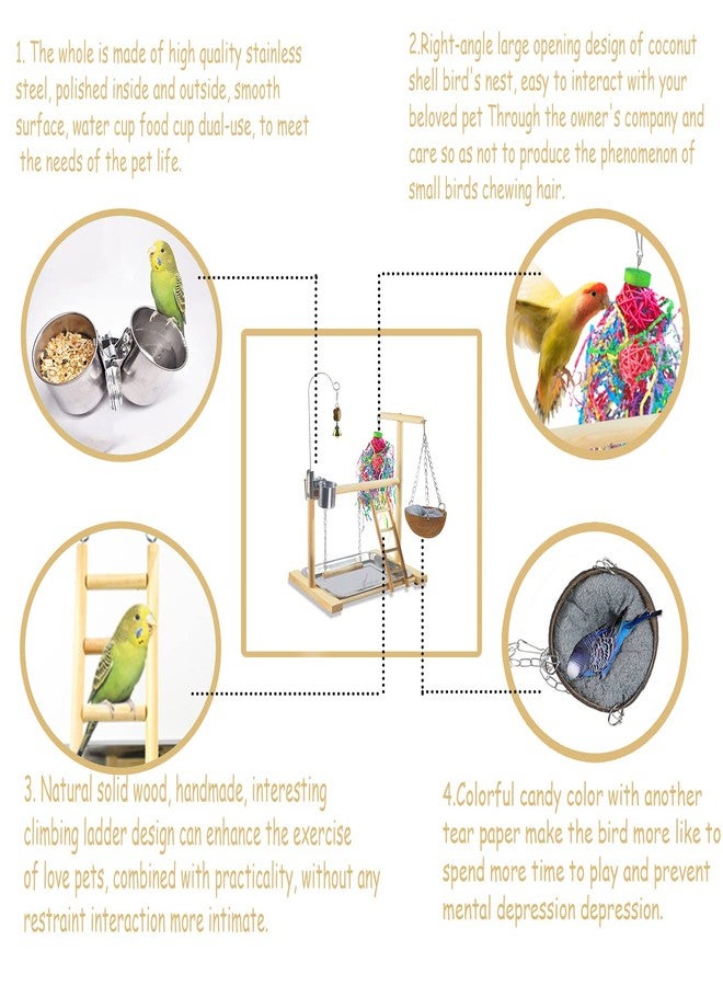 Dbeans Flourithing Bird Stand Fun Straw Bell Toys,Parrot Wooden Platform Stand with Perch Ladder, Swing, Bell & Feeder - Image 3