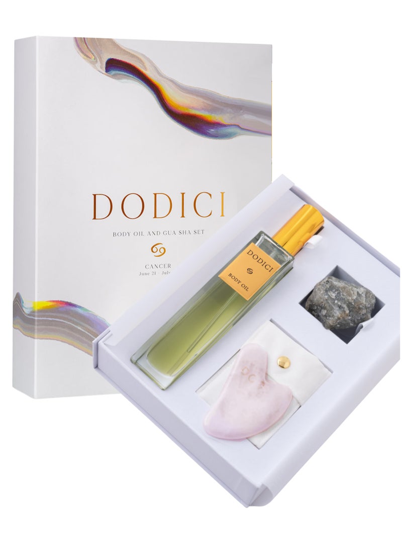 Dodici Gift Set Inspired by Your Zodiac Sign (Cancer) Silky and luxurious body oil made from ecological oils | Perfect for a Birthday Gift | Organic Body Oil & Natural LABRADORITE Gift Set + Gua Sha - Image 1
