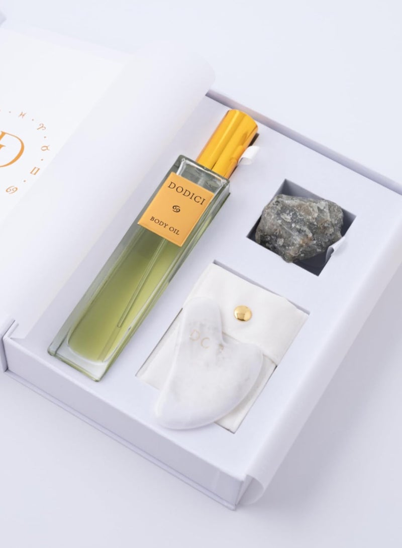 Dodici Gift Set Inspired by Your Zodiac Sign (Cancer) Silky and luxurious body oil made from ecological oils | Perfect for a Birthday Gift | Organic Body Oil & Natural LABRADORITE Gift Set + Gua Sha - Image 4