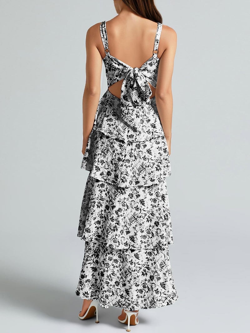 Fisoew Womens Floral Maxi Dresses Spaghetti Strap Casual Sleeveless Ruffle Flowy Tiered Dress - Image 4