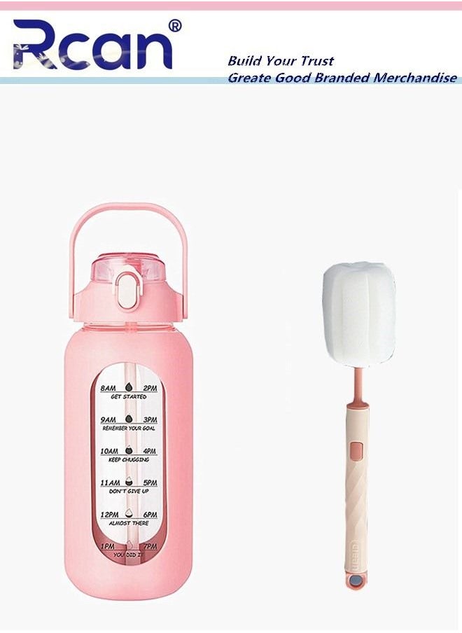 Rcan - 2 Pcs Portable Glass Water Bottle with Straw and Handle Lid Large Capacity Water Cup with Silicone Sleeve and Time Marker Reusable Sports Drinking Bottle and Cup Brush Suitable for Men Women 56oz - Image 1