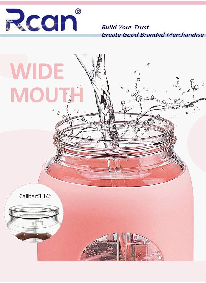 Rcan - 2 Pcs Portable Glass Water Bottle with Straw and Handle Lid Large Capacity Water Cup with Silicone Sleeve and Time Marker Reusable Sports Drinking Bottle and Cup Brush Suitable for Men Women 56oz - Image 1