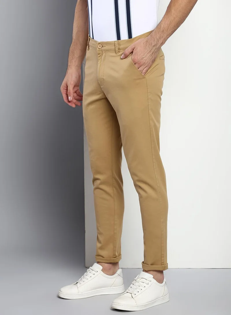 دينيس لينغو تشينو قطن رجالي بقصة مستقيمة لون كاكي داكن - بخصر متوسط وطول كامل، إغلاق بأزرار وسحاب