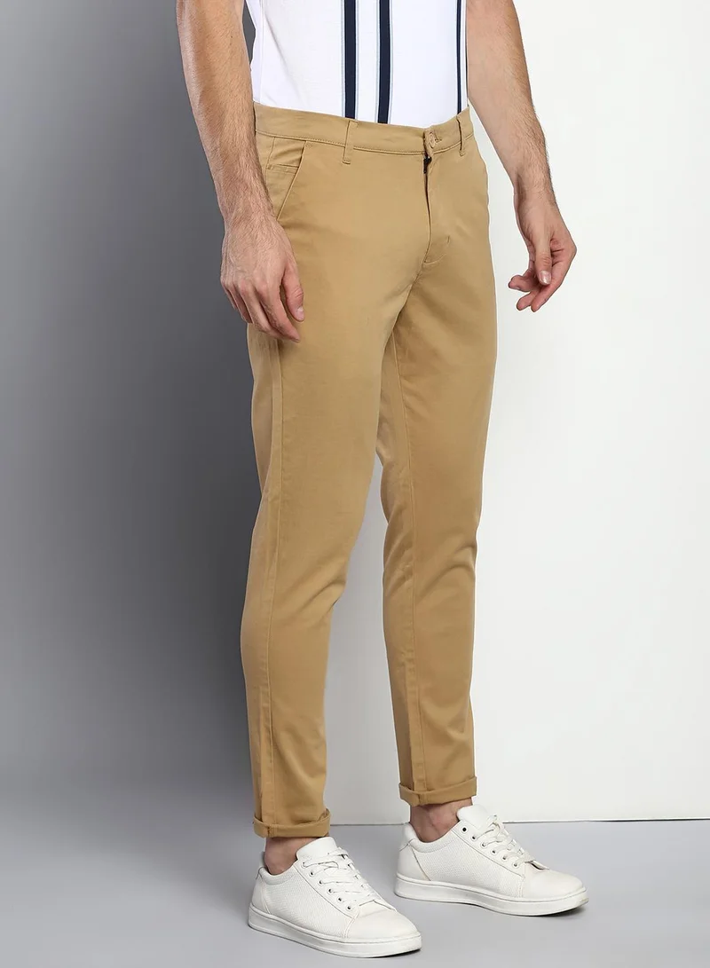 Dennis Lingo Men's Tapered Fit Dark Khaki Cotton Chinos - Mid-Rise, Full Length, Button & Zip Closure