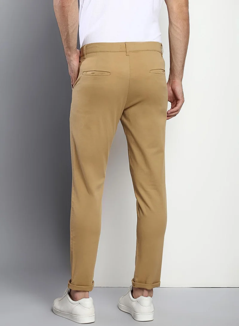 Dennis Lingo Men's Tapered Fit Dark Khaki Cotton Chinos - Mid-Rise, Full Length, Button & Zip Closure