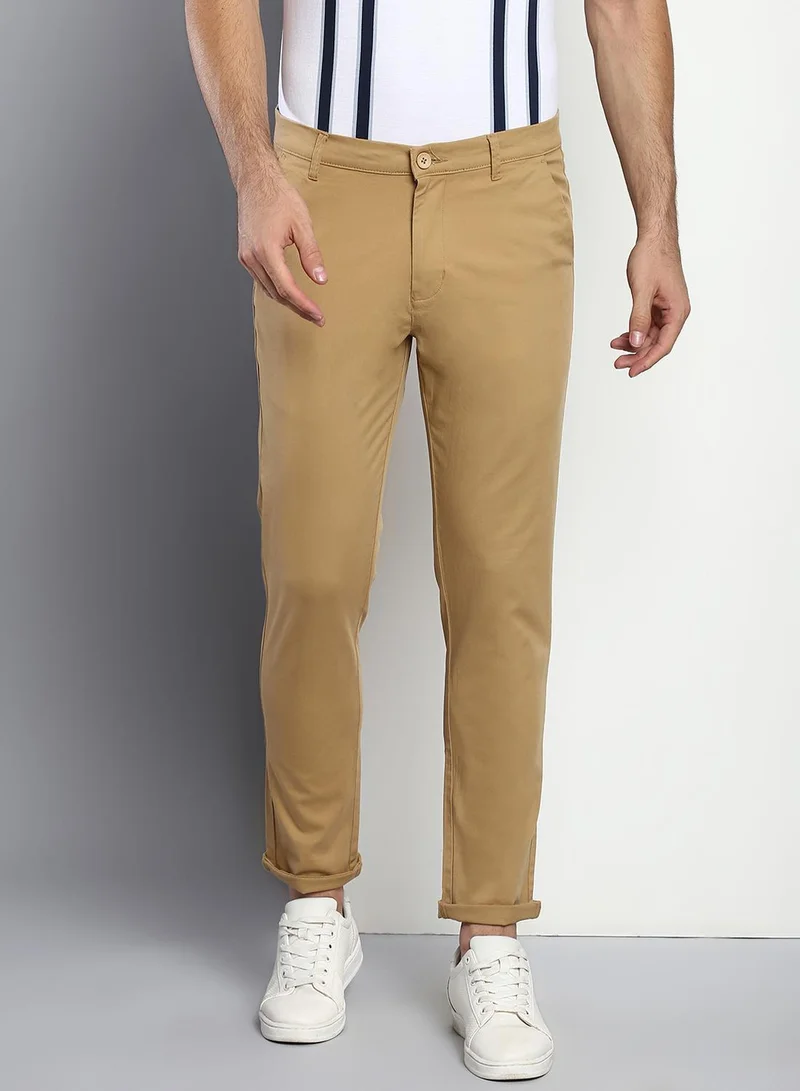 Dennis Lingo Men's Tapered Fit Dark Khaki Cotton Chinos - Mid-Rise, Full Length, Button & Zip Closure