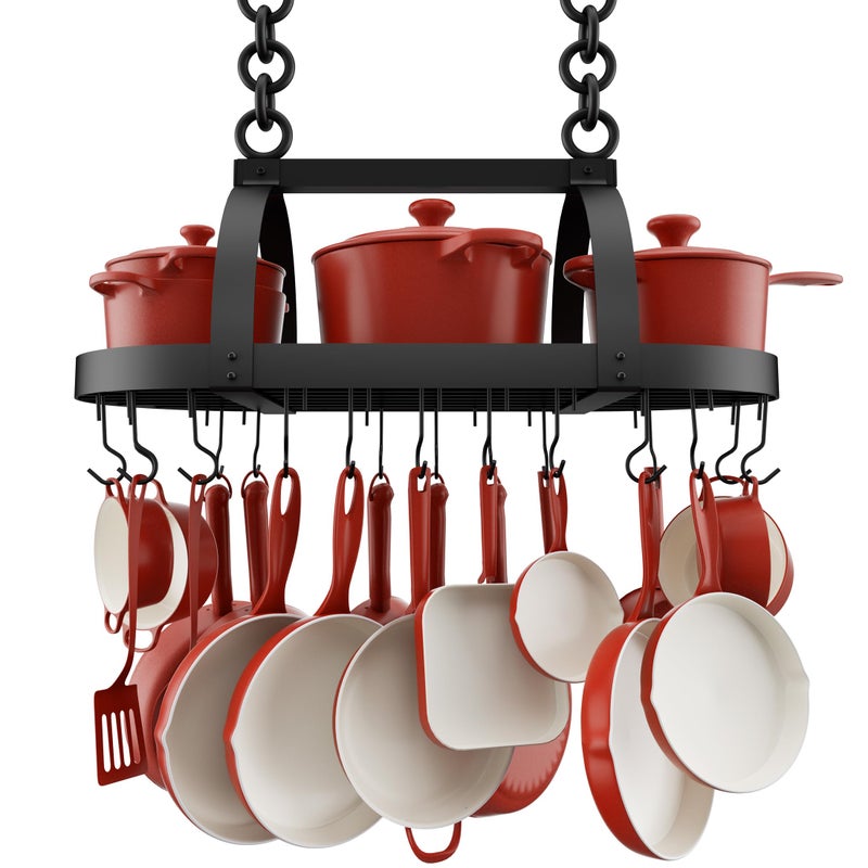 KES Ceiling Pot Rack 34-Inch Hanging Pot Rack for Kitchen Oval Pot and Pan Rack Matte Black Pot Hanger with 20 S Hooks (For 16" and 24" Joist), KUR221S85-BK - Image 1