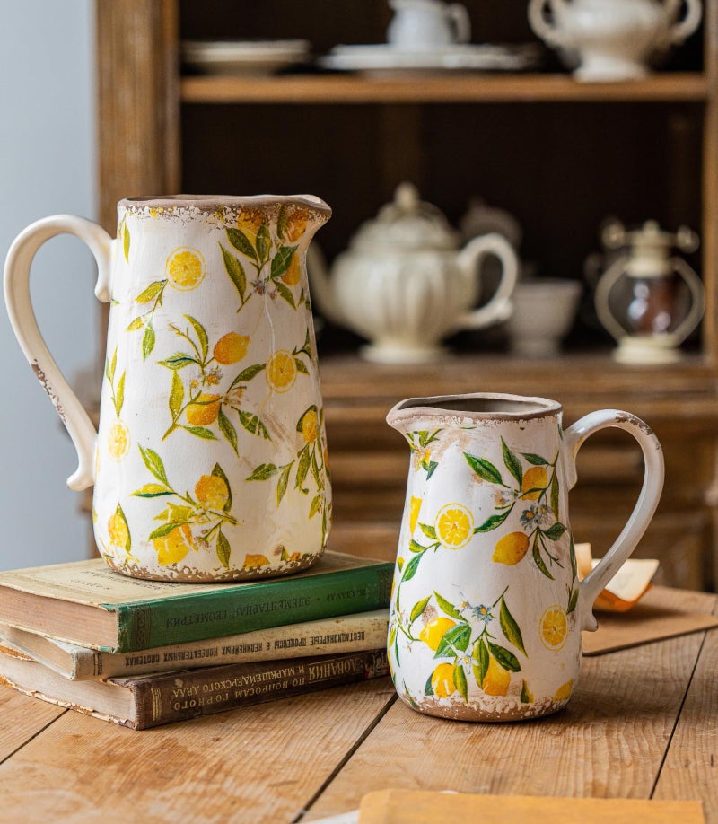 Teweiqi Vintage Lemon Ceramic Vase with Handle, Retro Ice Glazed Crack Farmhouse Pitcher Vase for Home Decor, Living Room, Shelf, Office, Rustic Table Centerpiece 7 Inch - Image 3