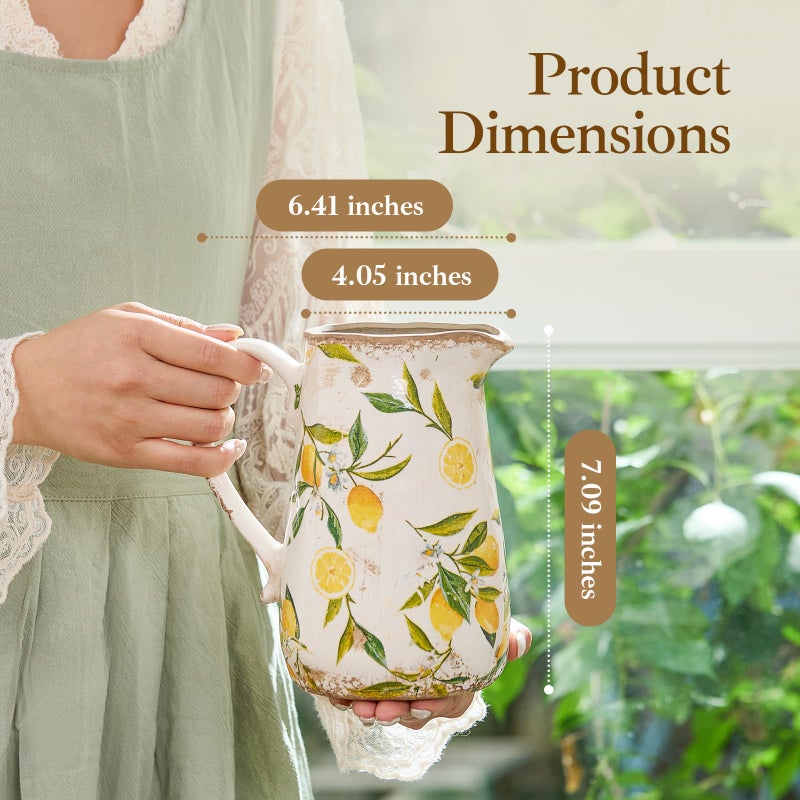 Teweiqi Vintage Lemon Ceramic Vase with Handle, Retro Ice Glazed Crack Farmhouse Pitcher Vase for Home Decor, Living Room, Shelf, Office, Rustic Table Centerpiece 7 Inch - Image 5