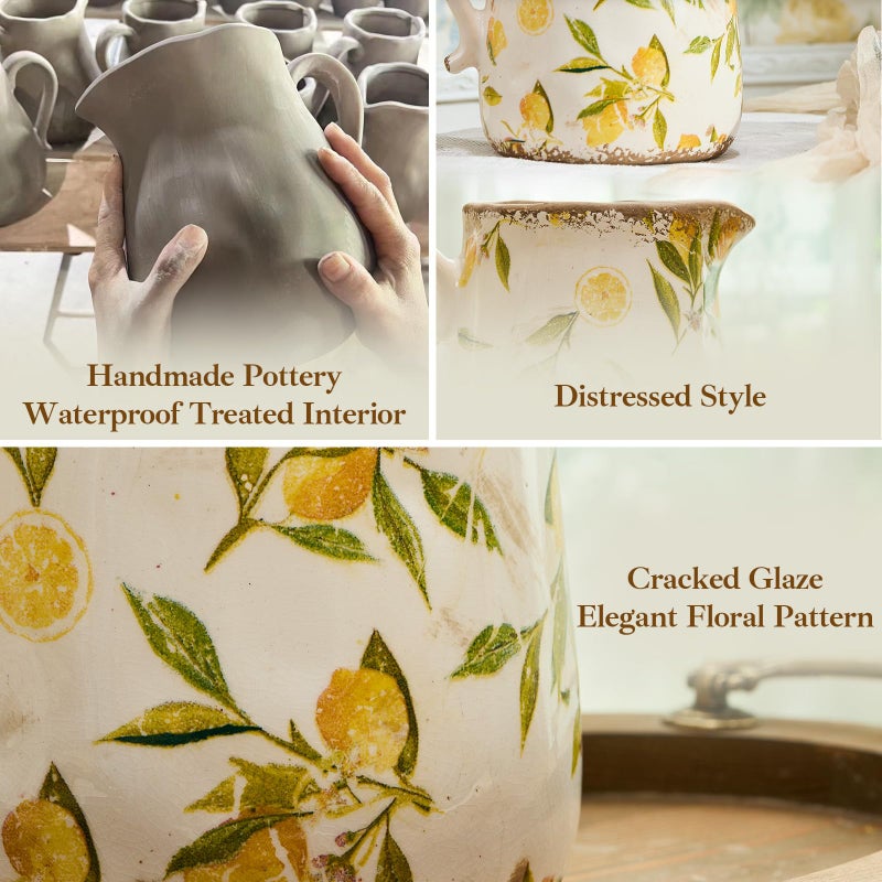 Teweiqi Vintage Lemon Ceramic Vase with Handle, Retro Ice Glazed Crack Farmhouse Pitcher Vase for Home Decor, Living Room, Shelf, Office, Rustic Table Centerpiece 7 Inch - Image 4