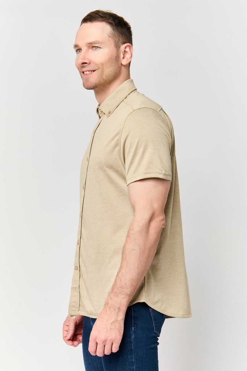 Report Collection Men Modern Fit Heather Short Sleeve Casual Shirt, Tan - Image 3