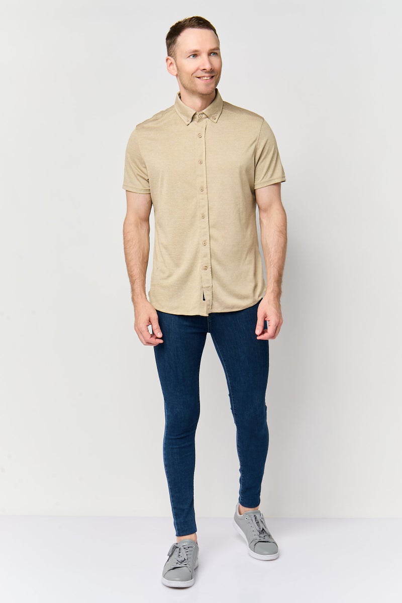 Report Collection Men Modern Fit Heather Short Sleeve Casual Shirt, Tan - Image 2