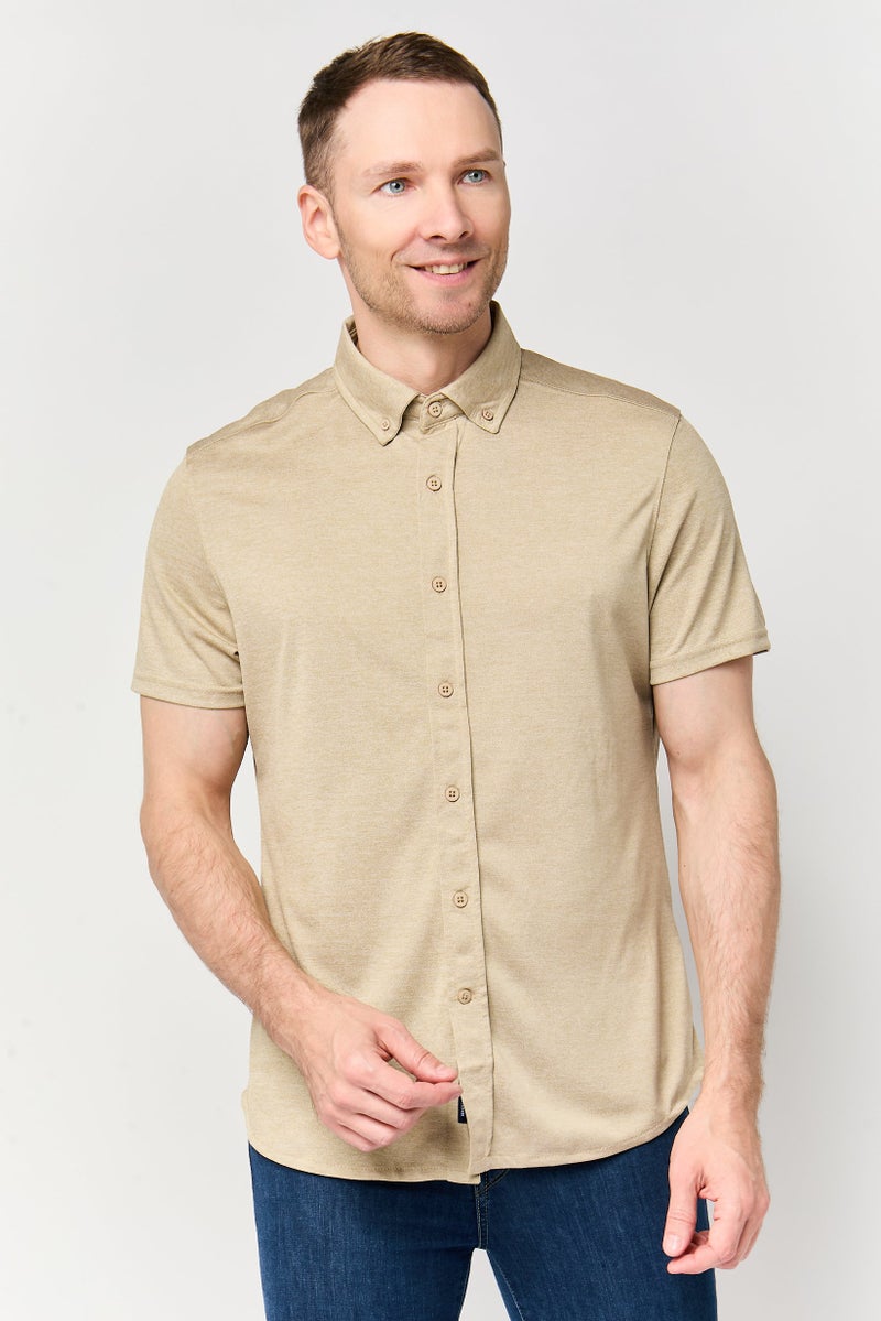 Report Collection Men Modern Fit Heather Short Sleeve Casual Shirt, Tan - Image 1
