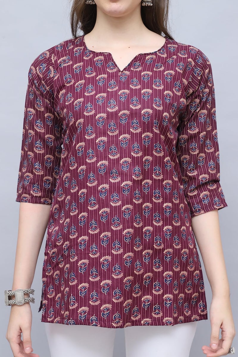 Rajnandini Women'S Cotton Regular Fit Foil Printed Tunic (JOPLST703N-S_Wine_Small) - Image 3
