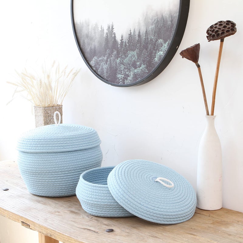 Sea Team Round Cotton Rope Storage Basket with Lid, Decorative Woven Storage Bin, Pot, Caddy, Organizer, Container for Snacks, Towels, Plants, 13 x 9 Inches (Large, Blue) - Image 2