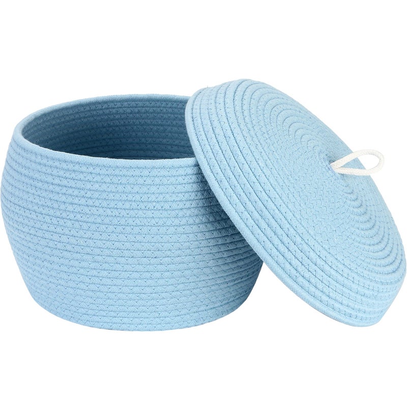 Sea Team Round Cotton Rope Storage Basket with Lid, Decorative Woven Storage Bin, Pot, Caddy, Organizer, Container for Snacks, Towels, Plants, 13 x 9 Inches (Large, Blue) - Image 1