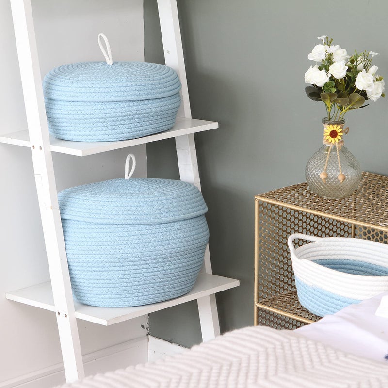Sea Team Round Cotton Rope Storage Basket with Lid, Decorative Woven Storage Bin, Pot, Caddy, Organizer, Container for Snacks, Towels, Plants, 13 x 9 Inches (Large, Blue) - Image 3