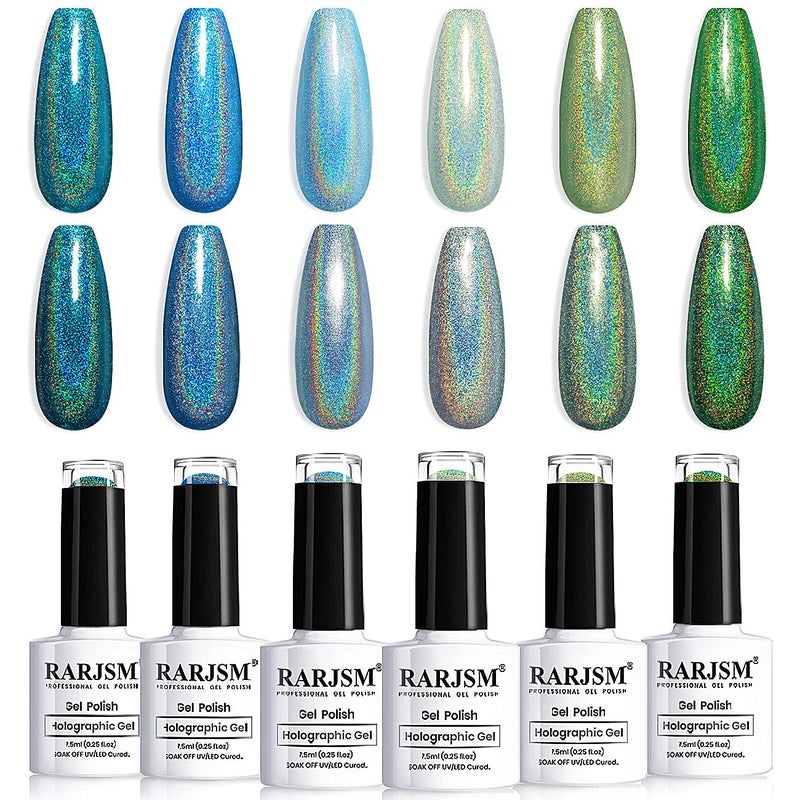 RARJSM Holographic Gel Polish SetTurquoise Green Gel Nail Polish Kit Glitter Summer Collection Soak Off 6PCS 75ML Curing Required Unicorn Mirror Laser Effect Nail Gel for Salon Home Manicure