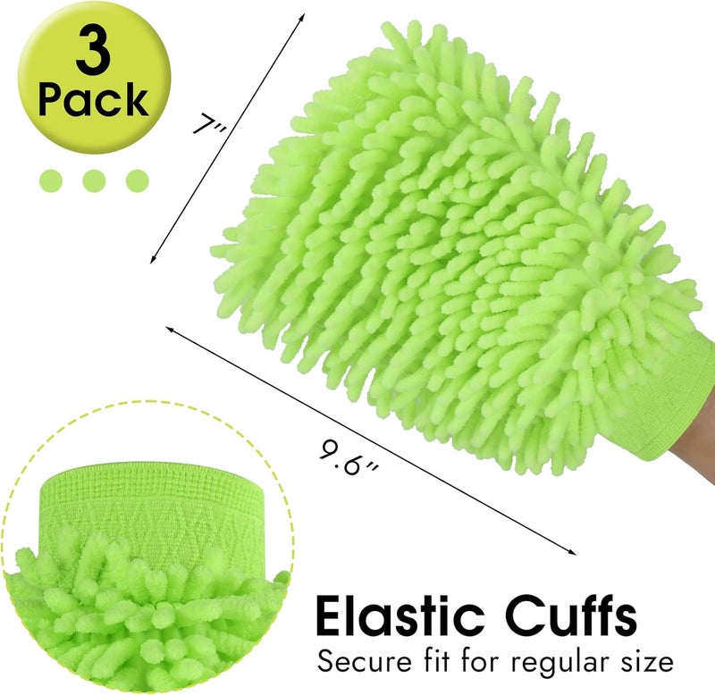 Mkobon 3 Pack Chenille Microfiber Car Wash Mitt, 7" x 9.8" Car Washing Mitts, Home Dusting Gloves, Scratch Free Lint-Free, Highly Absorbent, Double Sided, for Cleaning Detailing Polish (Green) - Image 2