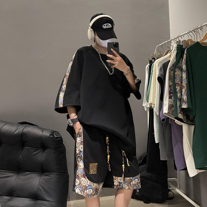 2024 Summer New Mens and Womens Couple T-Shirt suit New Chinese Style National Style Embroidered Bear Stitching Two-Piece T-Shirt Black