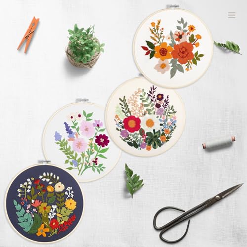 Bonroy 4 Sets Embroidery Kit for Beginners with InstructionsCross Stitch Kits for Adults with PatternNeedlepoint Kits for Adult Include Embroidery Cloth Hoops Needles Threads - Image 3