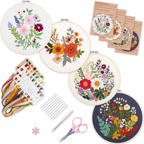 Bonroy 4 Sets Embroidery Kit for Beginners with InstructionsCross Stitch Kits for Adults with PatternNeedlepoint Kits for Adult Include Embroidery Cloth Hoops Needles Threads - Image 1