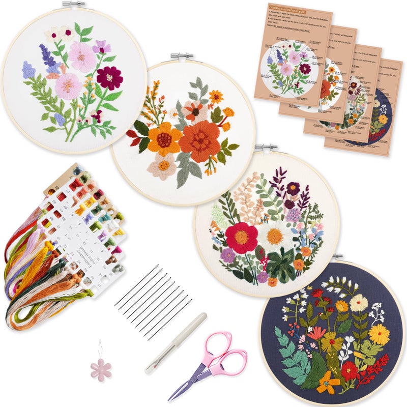 Bonroy 4 Sets Embroidery Kit for Beginners with InstructionsCross Stitch Kits for Adults with PatternNeedlepoint Kits for Adult Include Embroidery Cloth Hoops Needles Threads - Image 2