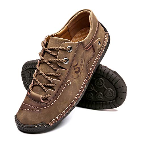 alcubieree Mens Leather Casual Shoes Comfortable Fashion Sneakers Loafers Lightweight Dress Walking Driving Shoes for Men（Size 7.5-13） Brown - Image 1
