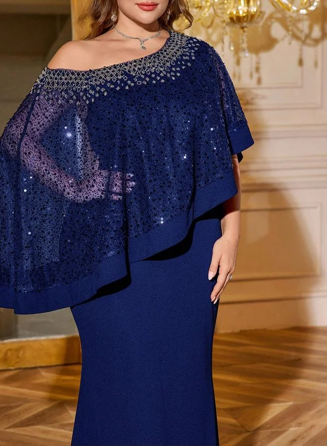 Supgir Plus Size Dark Blue Beaded Shoulder Mermaid Maxi Dress