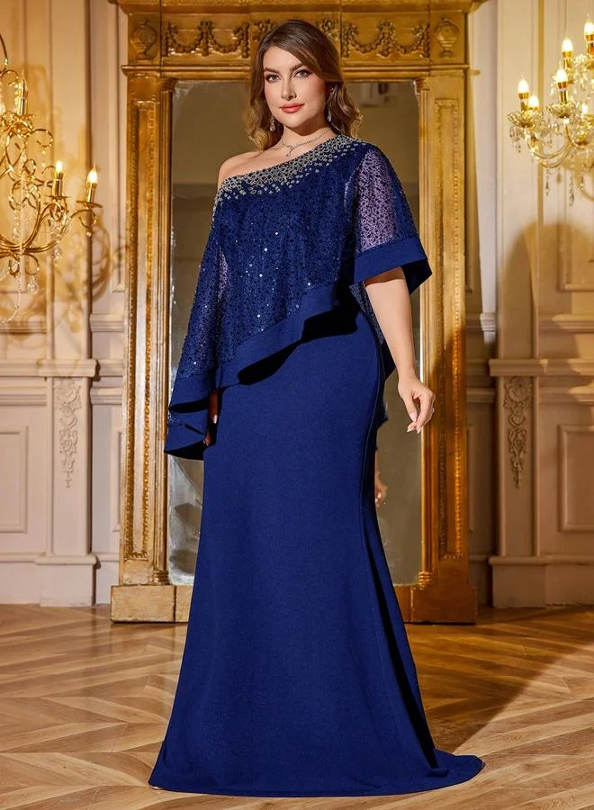 Supgir Plus Size Dark Blue Beaded Shoulder Mermaid Maxi Dress