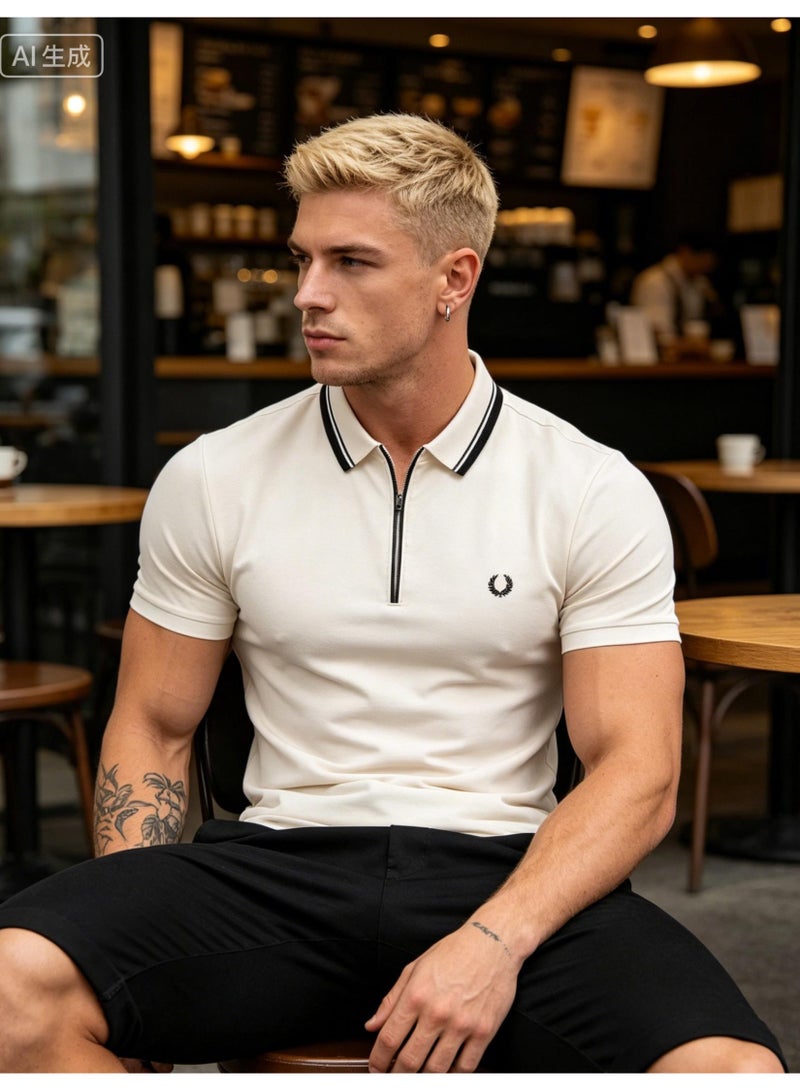 Fred Perry wheat ear stereo standard half zipper Polo shirt for men and women with the same contrast collar business casual short sleeve T-shirt. - Image 2