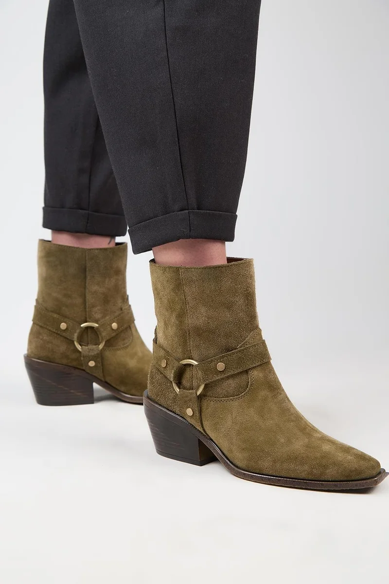 Manijero Manijero (Neus) Women's Genuine Leather Cowboy Special Distressed Khaki Boots with Ring Belt
