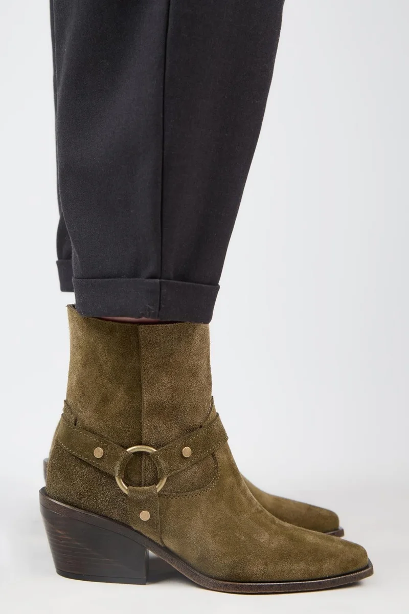 Manijero Manijero (Neus) Women's Genuine Leather Cowboy Special Distressed Khaki Boots with Ring Belt