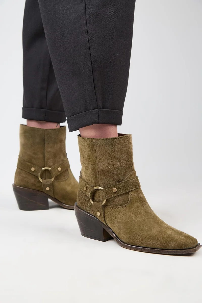 Manijero Manijero (Neus) Women's Genuine Leather Cowboy Special Distressed Khaki Boots with Ring Belt