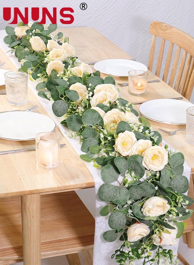 UNUNS 6FT Artificial Eucalyptus Garland with Flowers,Fake Rose Garland, Faux Floral Garland Greenery Garland For Wedding Spring Home Party Craft Art Table Runner Decor - Image 1
