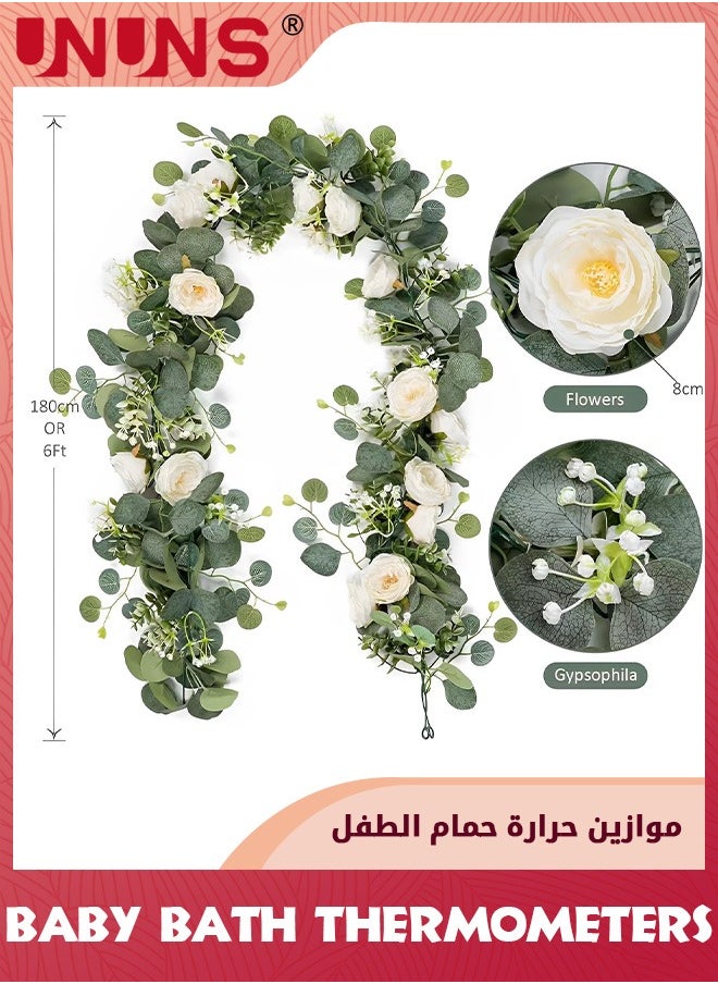 UNUNS 6FT Artificial Eucalyptus Garland with Flowers,Fake Rose Garland, Faux Floral Garland Greenery Garland For Wedding Spring Home Party Craft Art Table Runner Decor  - Image 2
